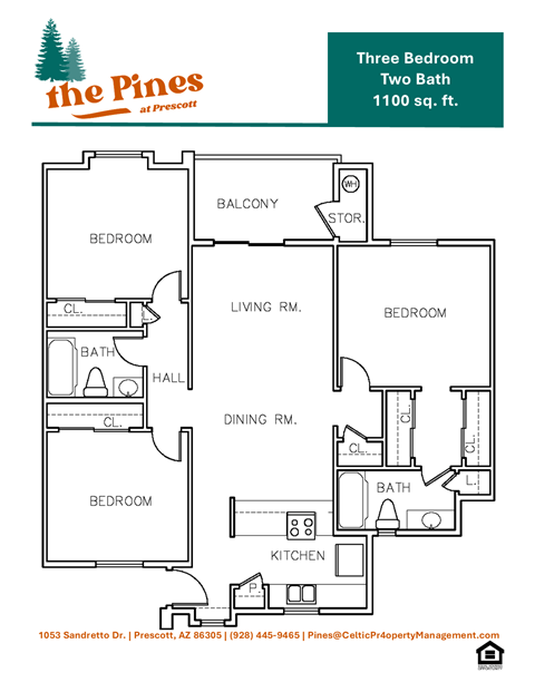 Floor plan for 3 beds, 2 baths, 1100 sqft